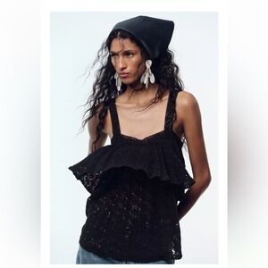 Zara POINTELLE KNIT RUFFLE TOP Sz L black